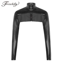 Женский Блестящий металлический топ с высоким воротом и длинными рукавами на молнии сзади, укороченный топ, клубный фестивальный рейв вечерние костюмы для джазовых танцев