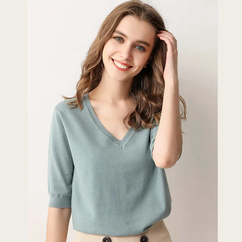 

2020 Spring and Autumn Short-Sleeved Women's Knitwear Western Style Half Sleeve Fashionable All-Match Korean Style Loose Base
