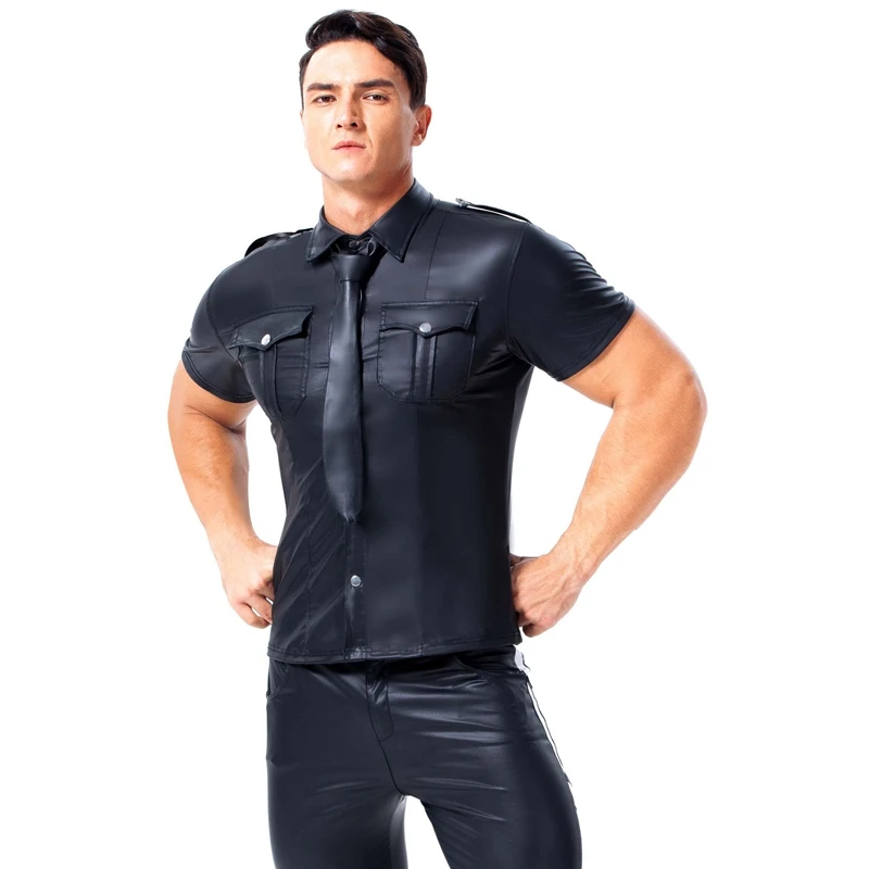 Men PU Faux leather Moto T Shirts hot Sexy Wetlook Fitness Latex Tops Gay Shirts Mens Stage Shirt Casual Party Clubwear costumes
