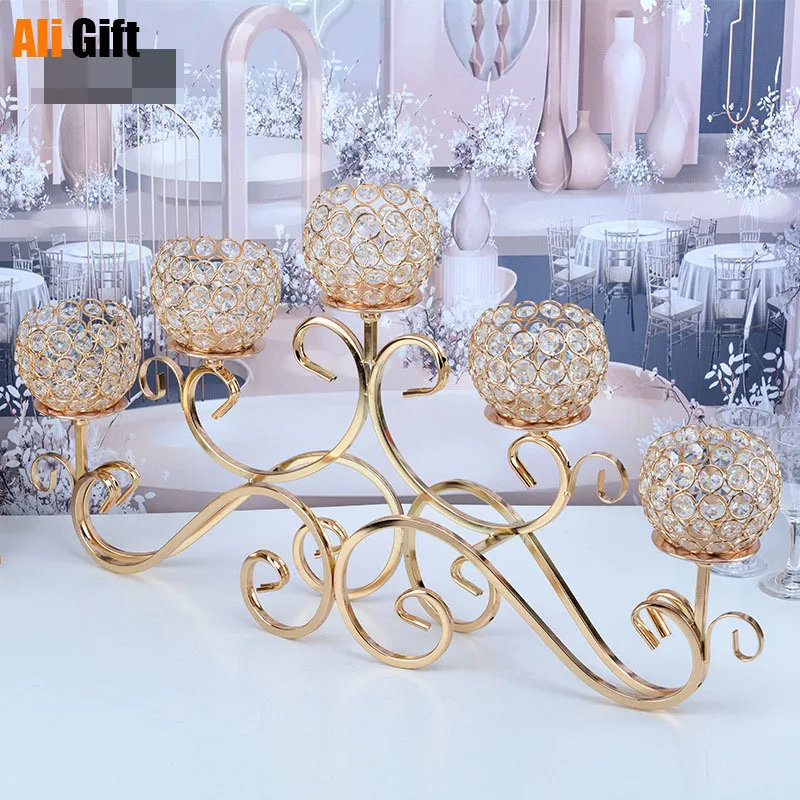 

Top Rated 5 HeadS Metal Crystal Candle Holder Party Event Decor Candelabras Shiny Gold Wedding Decoration Candlesticks