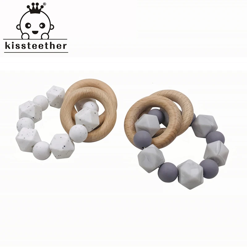 Baby Teether Bracelet Beech Wooden Ring Natural Teething Grasping Toy Silicone Bead Toddler Newborn DIY Gift | Мать и ребенок