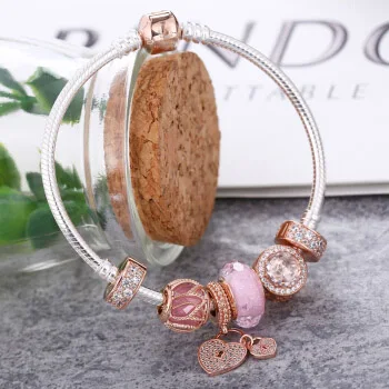 

Keris Store High Quality 1:1 100%925 Sterling Silver Pink Glaze Beads Heart To Heart Bracelet Free Shipping