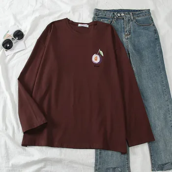 

100%cotton autumn wear T-shirt women's casual round neck long-sleeved T-shirt college style cotton Tops fruit simple print long-sleeved fresh T-shir