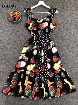 

New 2020 Summer Fashion Dress High Quality Ladies Spaghetti Strap Tropical Fruits Print Sleeveless Mid-Calf Casual Sun Dress