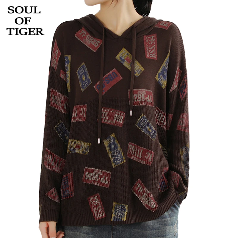

SOUL OF TIGER 2019 Fashion Korean Style Jumpers Vintage Streetwear Ladies Loose Printed Sweaters Womens Hooded Knitted Pullovers
