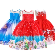 Элегантные вечерние платья Санта Клауса для девочек на Рождество Детские Сатиновые платья красного, синего и зеленого цвета с принтом снежной елки и оленя Детские костюмы на Хэллоуин