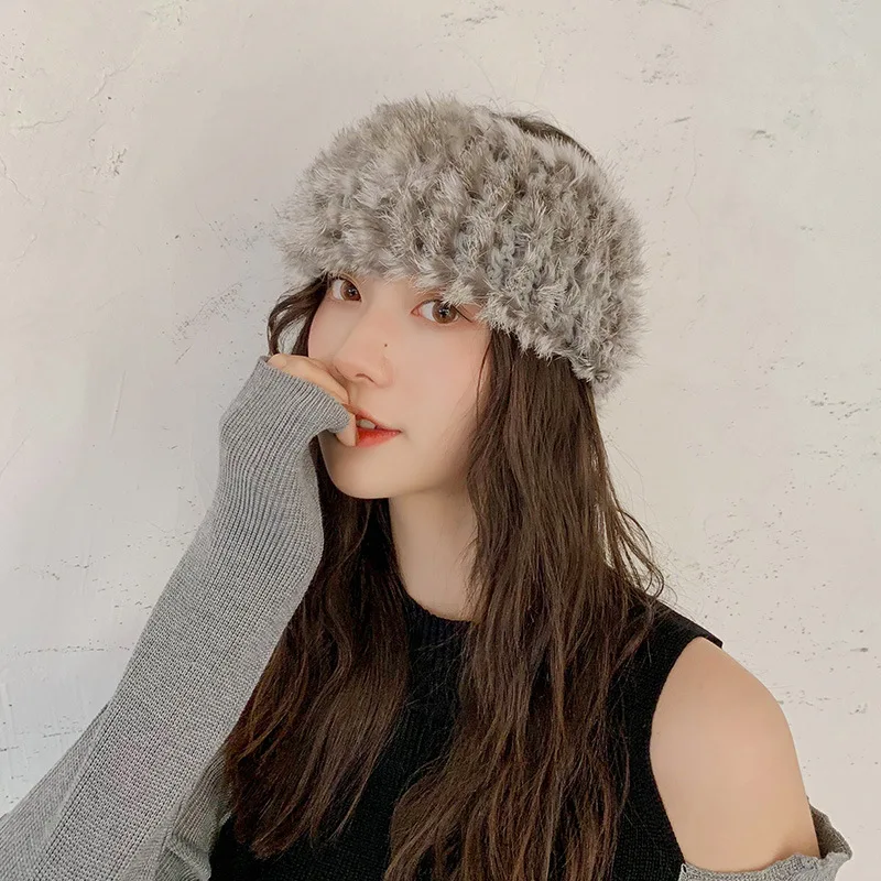 

Real rabbit hair net red retro fur headband female Korean fashion autumn and winter wide-brimmed headband senior gray plush