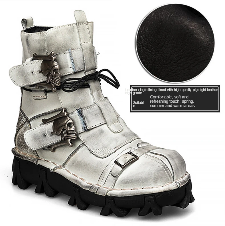 Botas de trabajo de cuero genuino para hombre, botas de combate militares, botas de moda Punk con calavera gótica, botas de motocicleta 50 Vintage