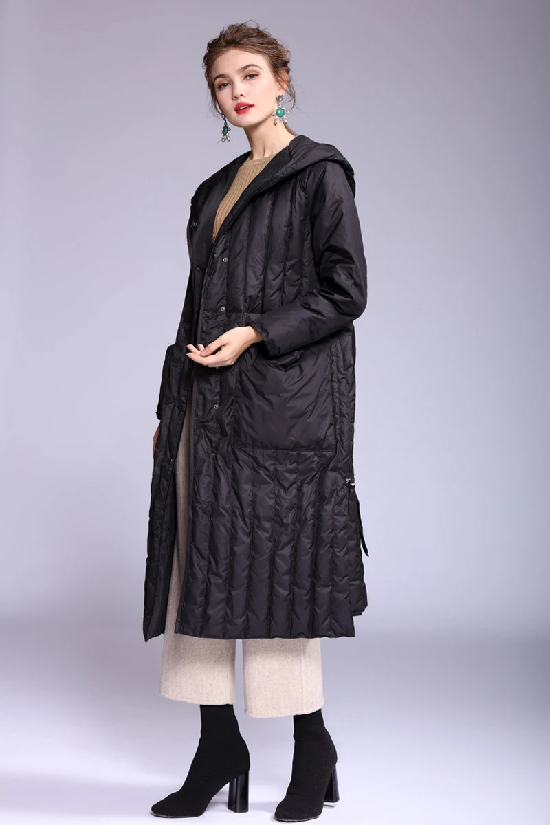 YNZZU элегантное осенне-зимнее женское пуховое пальто, однотонное, длинное, с разрезом, 90%, белое, утиное пальто, с капюшоном, теплая женская верхняя одежда, A1138