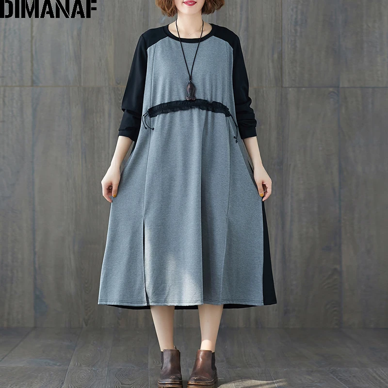 DIMANAF, женское платье, зима-осень, длинный рукав, vestidos, хлопок, свободный, размера плюс, женское, офисное, женское платье, элегантное, с оборками