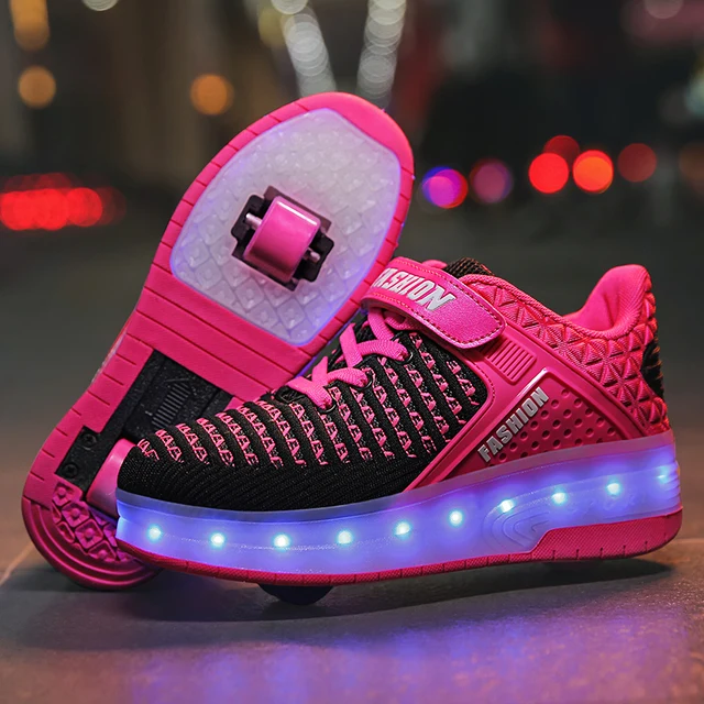 US $13.11 New Pink USB Charging Fashion Girls Boys LED Light Roller Skate Shoes For Children Kids Sneakers Wi