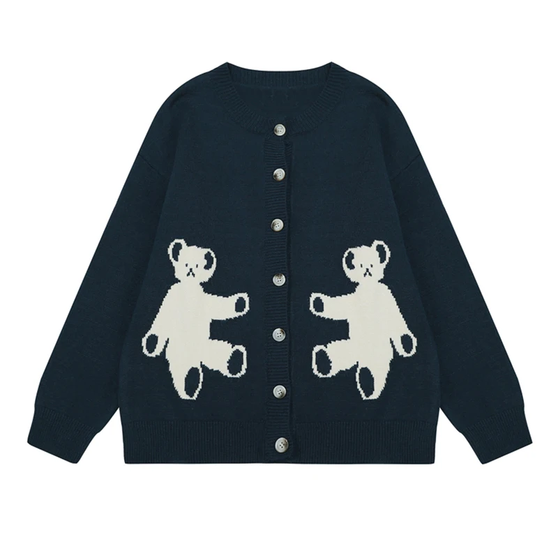 Cartoon Bear Print Cardigan Knit Jacket 2019 New O-neck Winter Warm Ladies Suitable For Teenage Girls Sweater |