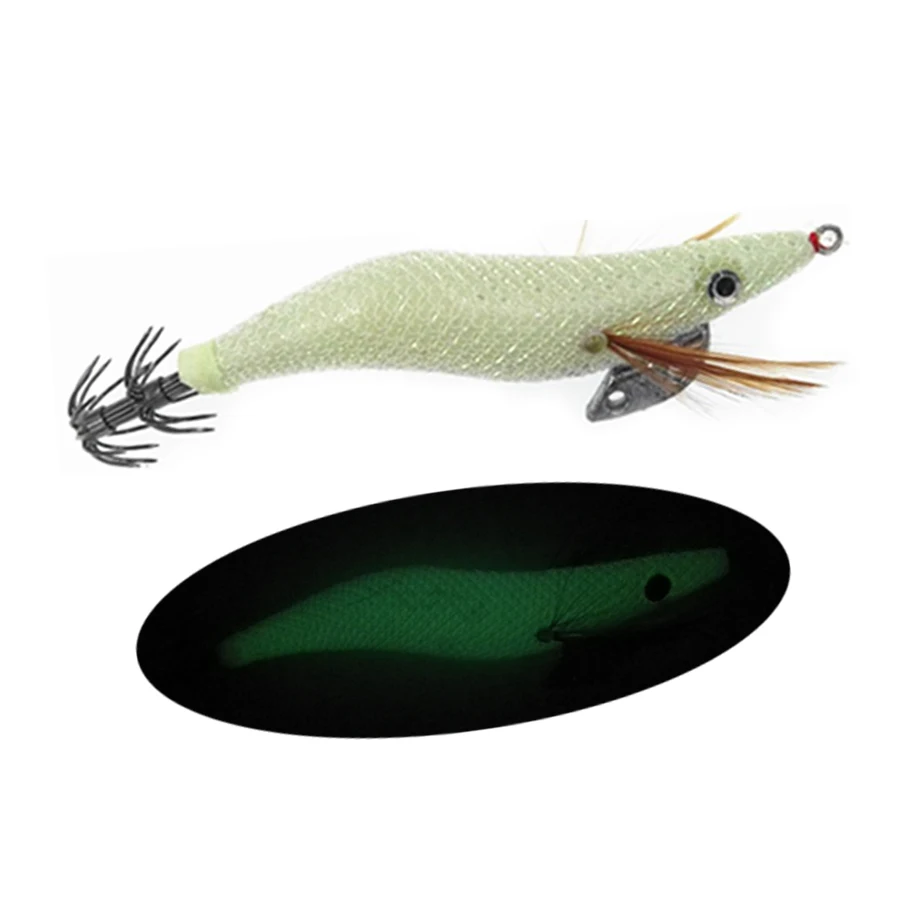 1Pcs Luminous Squid Jigs 2.5# 3.0# 3.5# Glow Wood Shrimp with Octopus Squid Jig Hooks Cuttlefish Fishing Lure