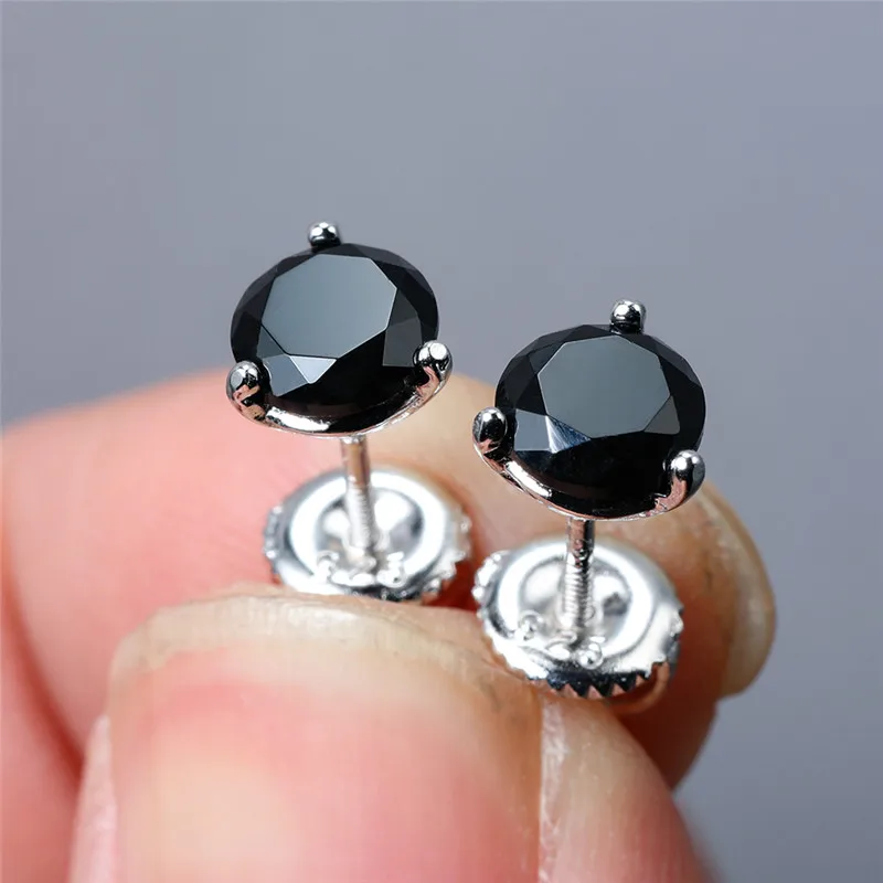 

6MM Round Three Prong Black Sapphire Stud Earrings For Women 925 Sterling Silver Multicolor Lab Diamond Screw Thread Earrings