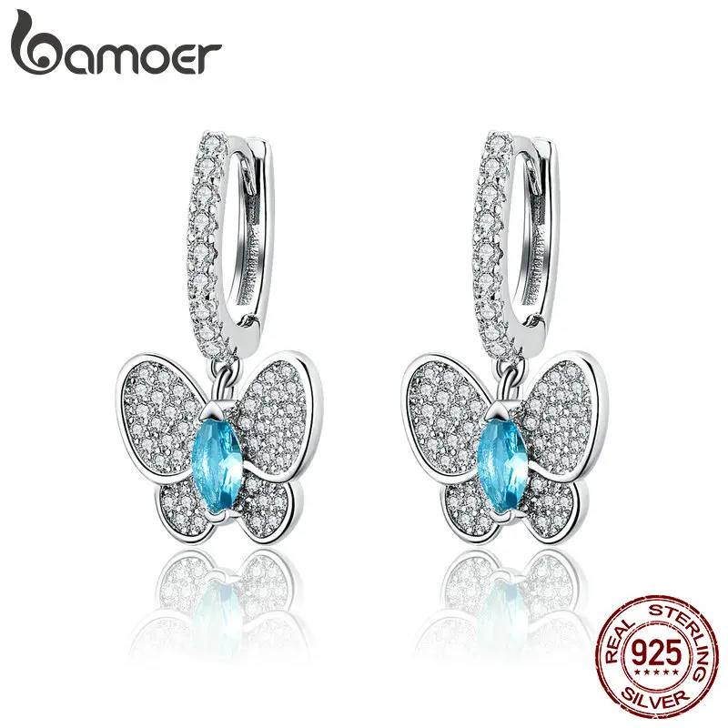 Tanie BAMOER oryginalna 925 Sterling Silver Luminous wyczyść CZ Butterfly kryształowe kolczyki dla kobiet biżuteria zaręczynowa ślubna SCE513