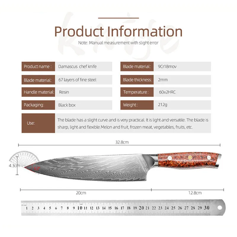 Cuchillo japonés – Cuchillo de chef de Damasco de 8 pulgadas – Retención de  borde superior para picar, rebanar y cortar en cubitos precisos para chefs