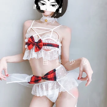 

Red Little Devil Costumes Sexy Bandage Bra Skirt Panty Collar Sexy Lingerie Set Lolita Anime Maid Underwear Bikini with Wings
