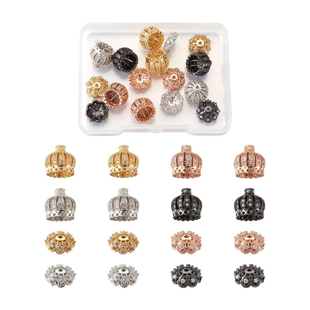 

16pcs/Box Hollow Brass Micro Pave Clear Cubic Zirconia Beads Tassel Cap Bail Crown Mixed Color