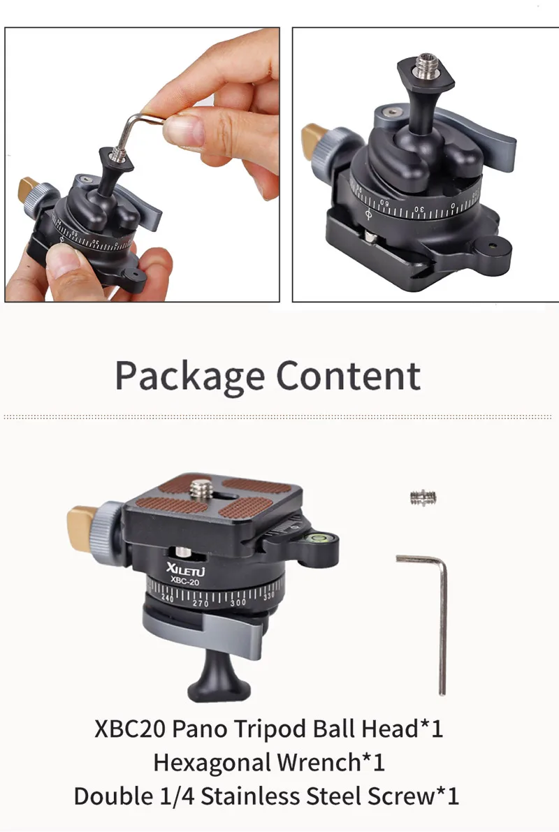 XILETU XBC-20 Tripod Head Ball Head Rotating Panoramic BallHead with 1pcs 1/4" to 1/4" Srew Adapters for Monopod DSLR Camera