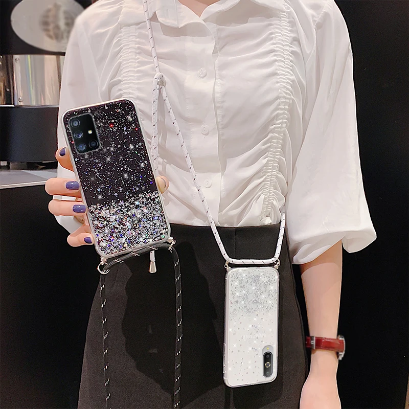 With Neck Strap Rope Cord Clear Glitter Case For Samsung S20 FE A51 A50 A71 A52 A72 A21S A31 A70 S21 Ultra S10 Plus M52 A12 A32