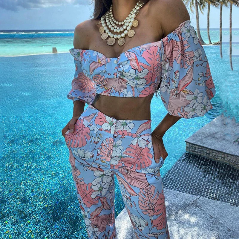 Floral Print Two Piece Womens Set Sexy Off Shoulder Three Quarter Sleeve Crop Top Long Pants Sets Vacation Outfits Summer Beach