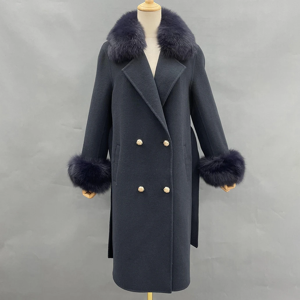 2021 Winter Women Coat Cashmere Wool Jacket With Fox Fur Collar And Cuff Elegant Slim Fit Korean Fashion Long Overcoat Female long black puffer coat Coats & Jackets