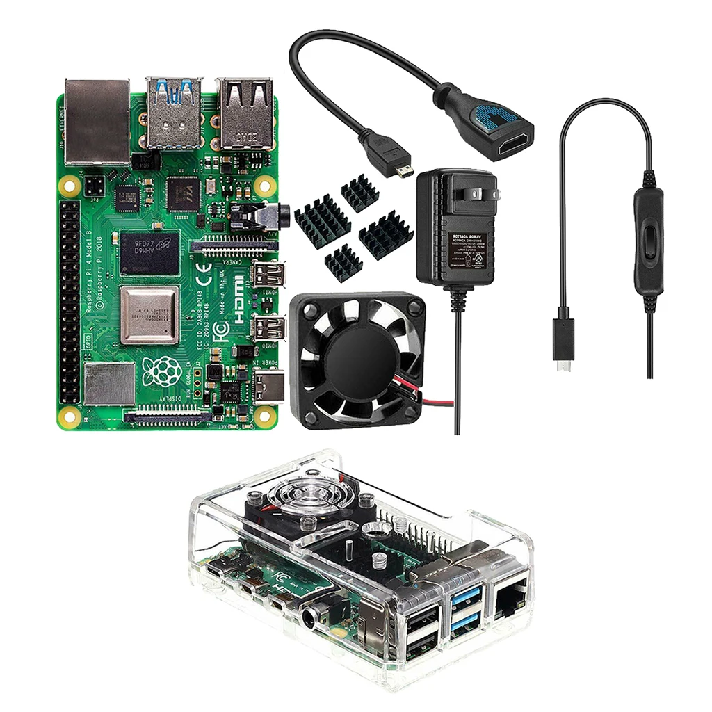 Raspberry Pi 4 Model B 4GB RAM + Case + Fan + Heat Sink + Power Adapter + Micro HDMI Cable for RPI 4B