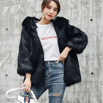 

2019 Autumn Winter Full Faux Fox Fur Fashion Coats Women With Fur Trim Hood Vestidos Elegant Thick Warm Fur Party Casual Jacket