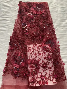 

Wine 3D Lace Fabric With Beads And Sequins High Quality African Tulle Lace Fabric 2018 Guipure Nigerian Lace Fabrics CD2906