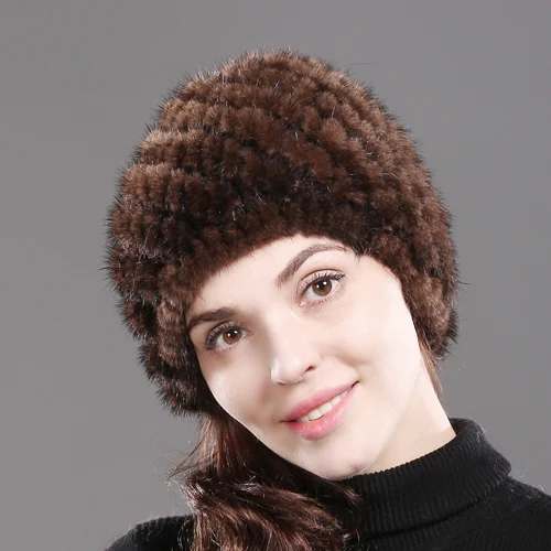 brown Новинка, зимние женские шапки из натурального меха норки, вязаная шапка ручной работы, шапка из натурального меха норки, хорошее эластичное качество, шапка из меха норки - Цвет: brown