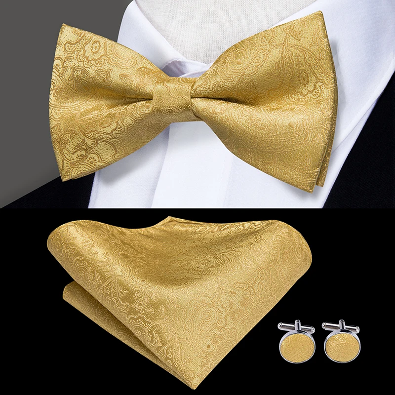Hi-Tie Classic Gold Bow Ties for Men Silk Butterfly Pre-Tied Bow Tie Pocket Square Cufflinks Set Wedding Party Yellow Bowtie