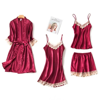 

Women Suspender Pajamas Set Summer Thin Lace Suspender Nightgown Sexy Silk Pajamas Solid Color Casual Home Service