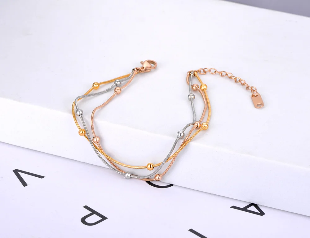 Stainless Steel Bracelet Titanium Stainless Steel Three Gold Color Bracelet Fashion Bohemia Three Layers Beaded Chain Bracelet For Women B21082