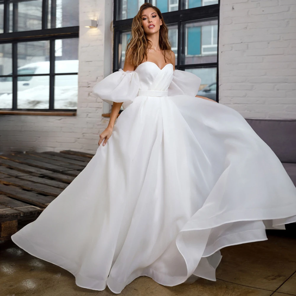 Romantic Organza Wedding Dresses Detachable Puff Sleeves Elegant Sweet A-line Bridal Dress Princess Gowns