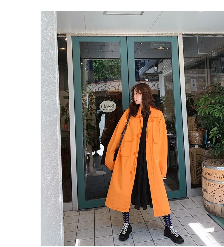 Одежда для фотосессии в стиле «Harajuku» с оранжевым отложным воротником и большим карманом, пальто-Тренч выше колена