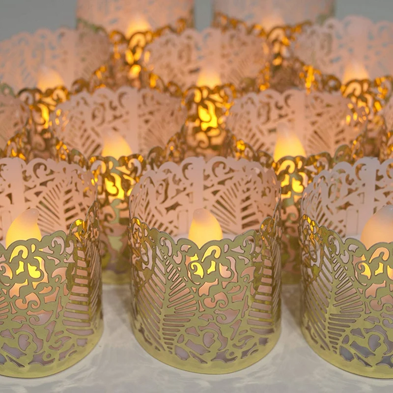 24 беспламенный Мерцающий СВЕТОДИОДНЫЙ светильник для чая на батарейках свечи, держатели и Золотые декоративные обертывания рождественские украшения Ca
