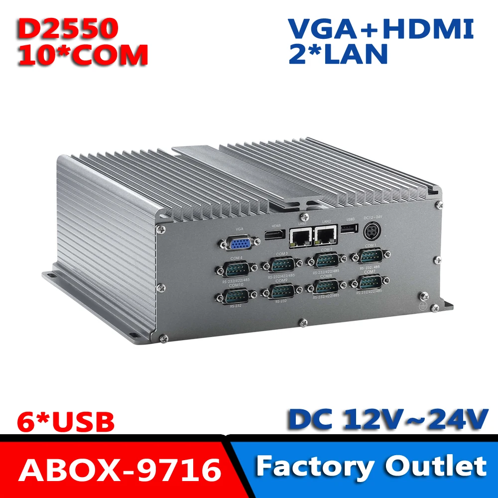 Vga + Hdmi 10 * Rs232 E 2 Lan Atom D2550 Processore Dc12V Mini Pc Industriale Windows Xp