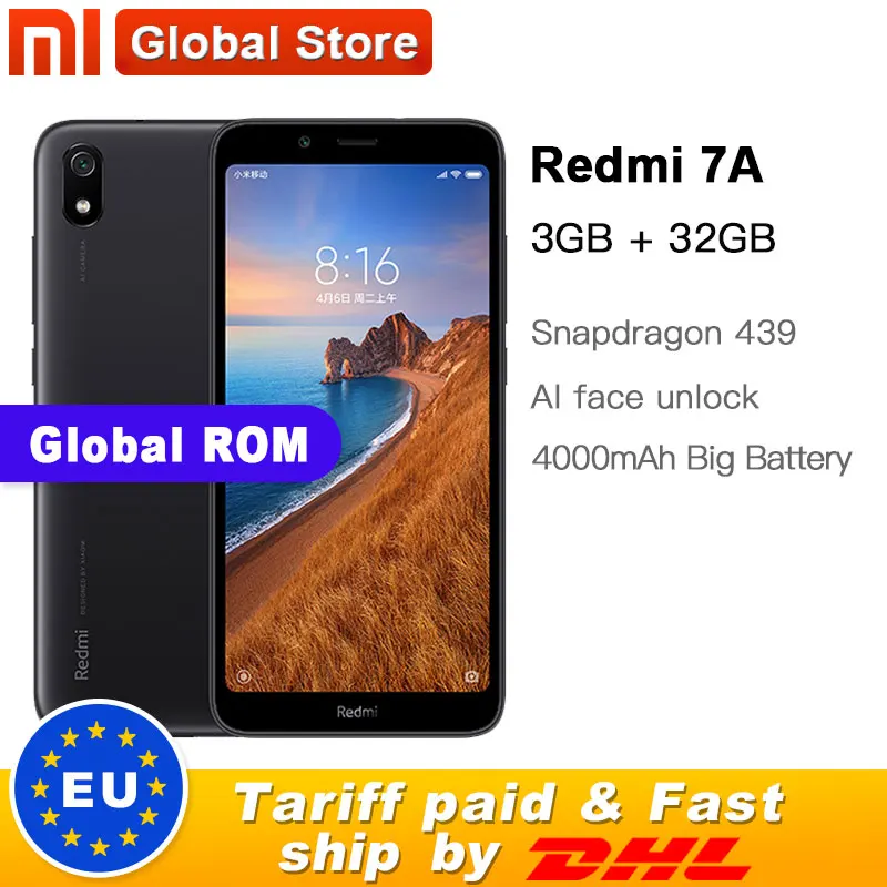 Глобальный Встроенная память Xiaomi Redmi 7A 32 Гб Встроенная память 3 Гб оперативной памяти, Оперативная память 5,4" Snapdargon 439 четрыре ядра, мобильный телефон, 4000 мА/ч, 13MP Камера смартфон