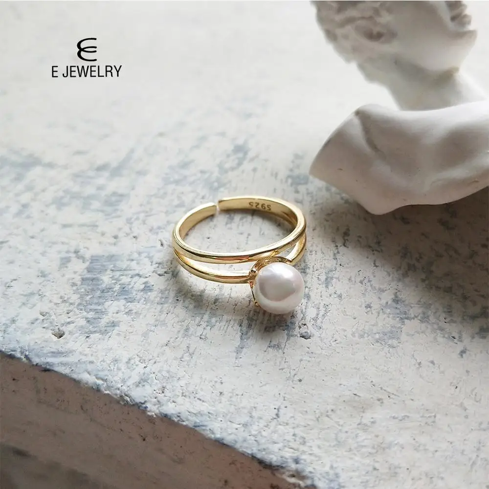 

E Jewelry 925 Silver Elegant Golden Double Ring Female Circular Pearl Gold-plated for Women Party Elegant Rings Jewelry 2019