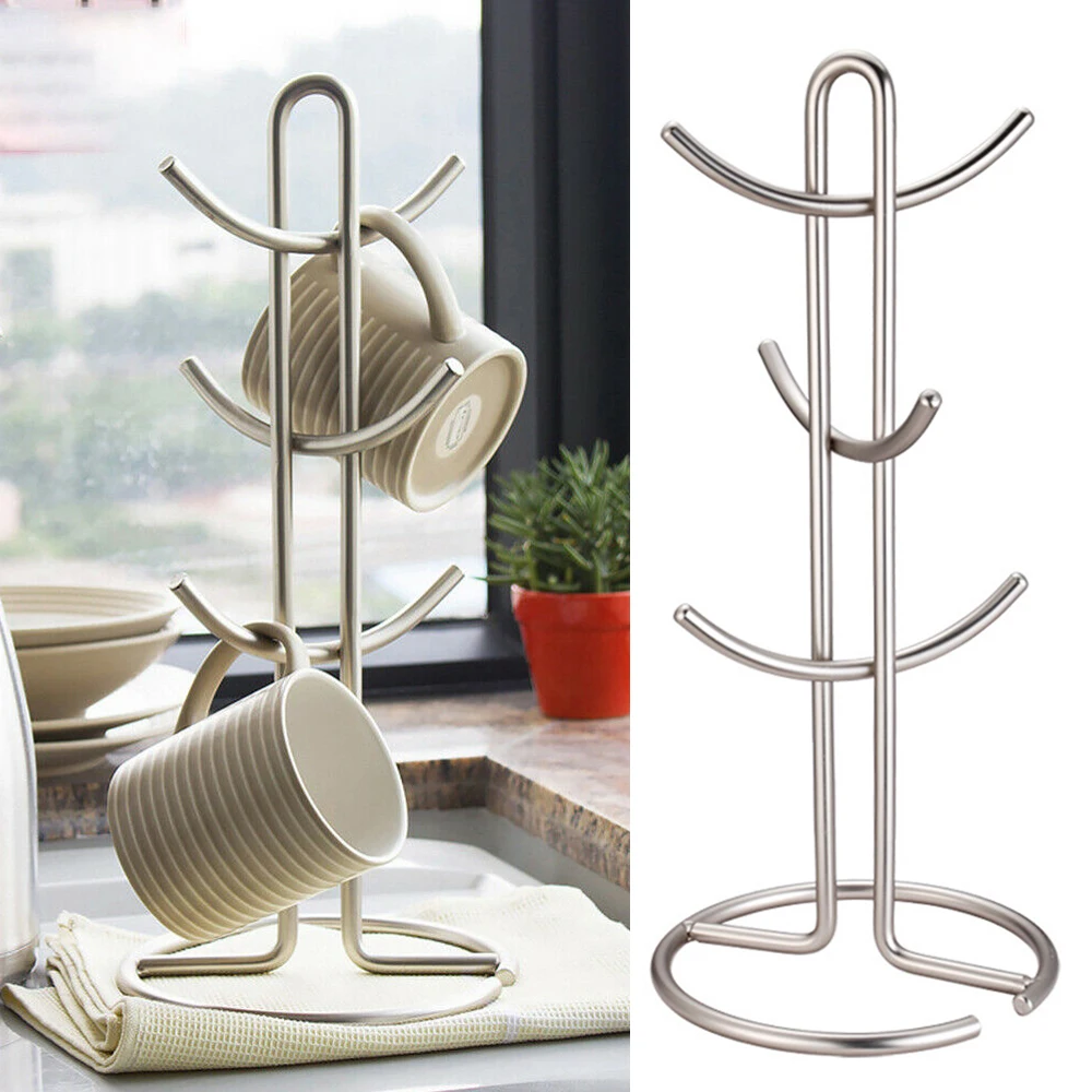 Red Stainless Steel 6 Cup Mug Tree Stand Holder Table Top Kitchen Storage Rack