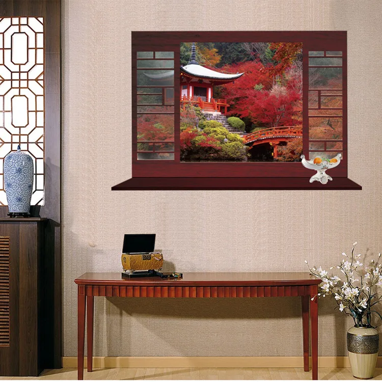

False window Chinese garden landscape red maple courtyard living room bedroom decoration wall stickers