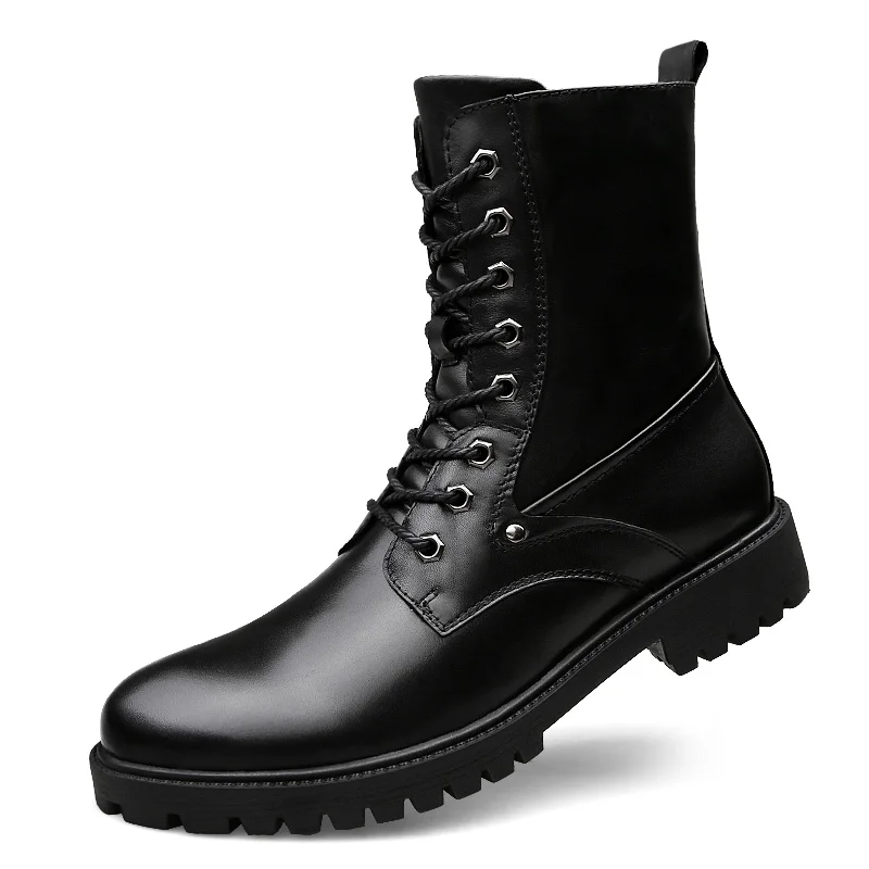 Натуральная кожа Для мужчин ботинки с высоким голенищем Винтаж черный Мужские ботинки на шнуровке; мужские мотоботы; обувь в стиле панк; круглый носок в ковбойском стиле Сапоги-вестерн - Color: Black
