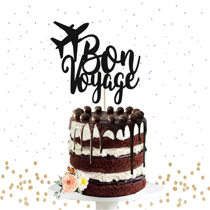Bon Voyage Glitter Cake Topper Going Way Moving Away Happy Retirement Farewell Travel Themed Party Decoration