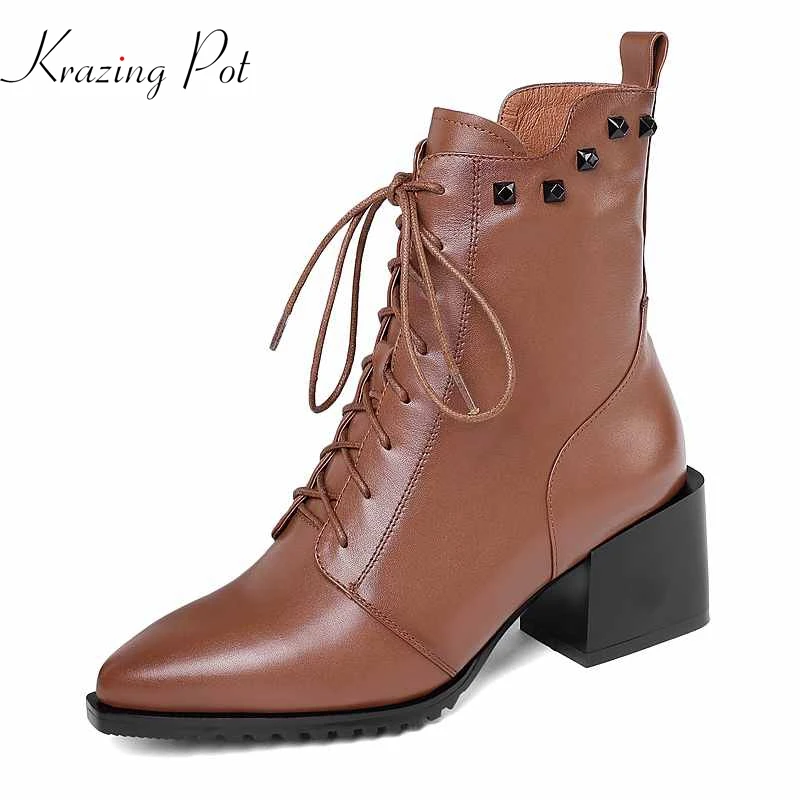 

krazing pot 2019 winter brand shoes cow leather lace up pointed toe Chelsea boots high heels party metal rivets ankle boots l2f2