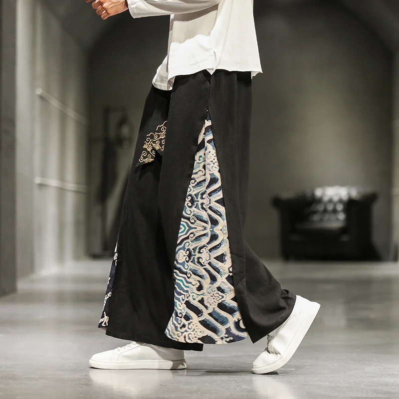 

Chinese Style Fashion Patchwork Casual Pants Men Clothing Antique Hanfu Plus Size Wide Leg Pants Cotton Line Clothes Male