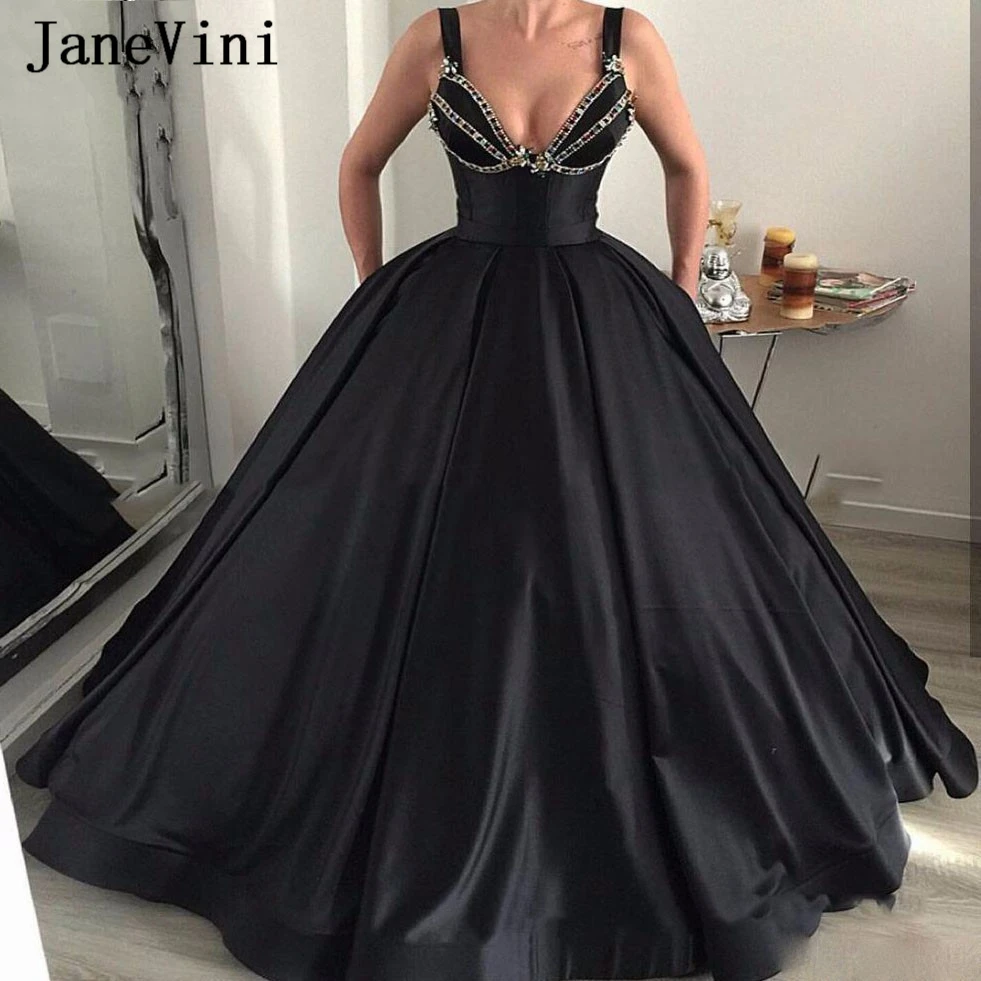 JaneVini арабское черное бальное платье, дамские платья для выпускного вечера размера плюс, v-образный вырез, атласное торжественное платье с карманами, кристаллы, Vestidos De Festa - Цвет: Черный