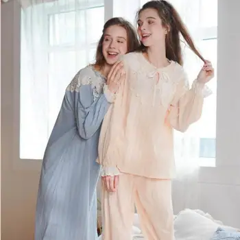 

Autumn New Ladies Cotton Sleepdress Long-sleeve Lace Ruffle Round Neck Lace-up Print Nightgown Loose Ribbed Homewear Nightdress