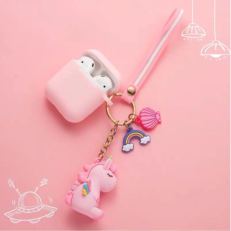 Симпатичные Мультяшные наушники чехол для AirPods с брелок для ключей с единорогом беспроводной Bluetooth кожухи головных телефонов для Apple AirPods 2 аксессуары - Цвет: Розовый