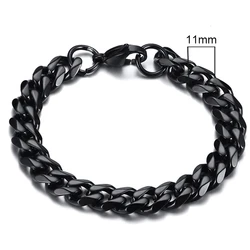 Bold Stainless Steel Chunky Curb Chain Bracelet for Men - Classic Punk Wristband (11mm Black)
