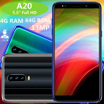 

A20 Global version 4G RAM 64G ROM quad core smartphones 5.5" IPS 13MP camera android mobile phones face ID unlocked celulars
